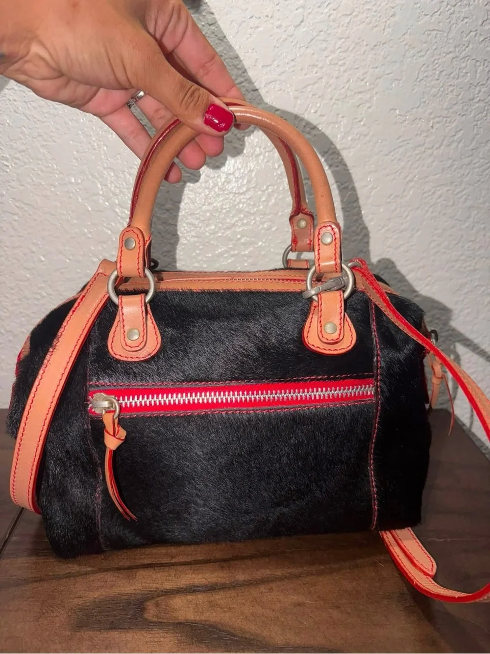 Rare Dooney and Burke Black Faux-Hair Satchel with Tan & Coral Trim